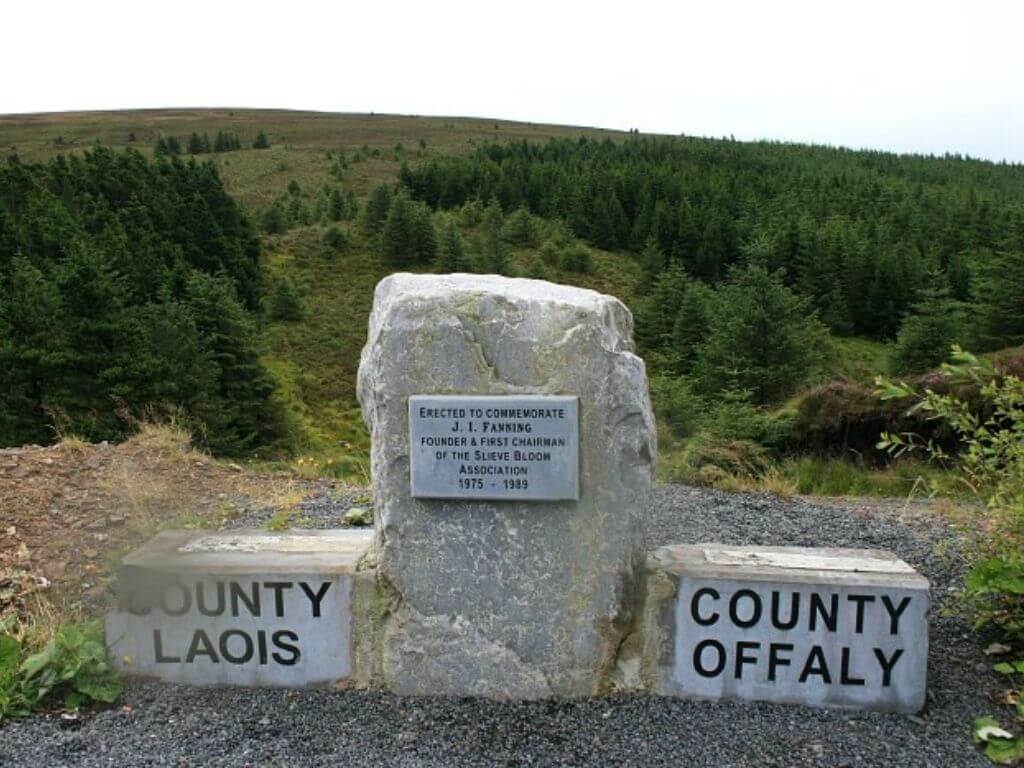 A picture of the commemorative stone at the Fanning Pass and stones marking County Offaly and County Laois in the Slieve Bloom Mountains