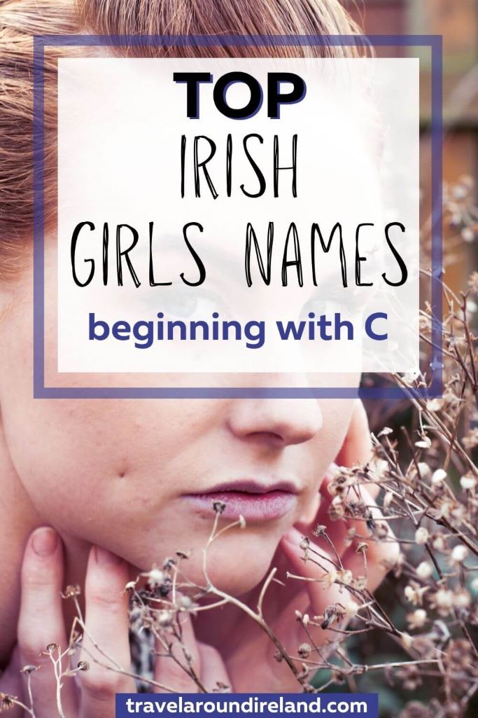 A picture of a red haired lady among delicate flowers with text overlay saying top Irish girls names beginning with C