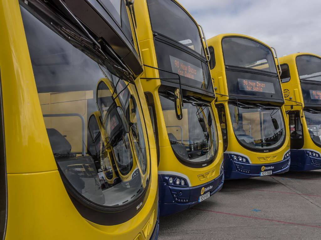 A row of Dublin Bus buses, one of the best modes of transport for getting around Dublin without a car
