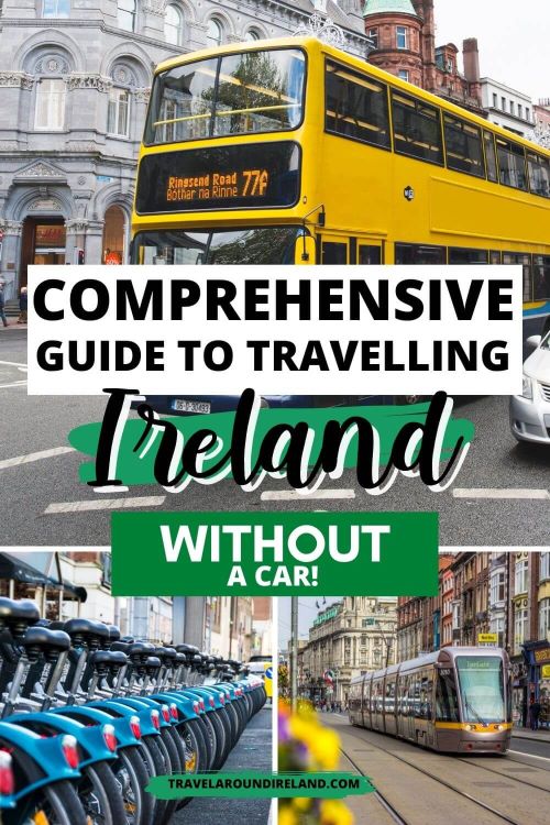 A trio collage of pictures containing pictures of a Dublin bus, Luas and Dublin bikes and text overlay saying comprehensive guide to travelling Ireland without a car