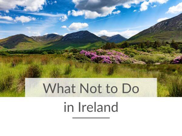A picture of an Irish landscape with heather in the green fields and rolling green hills in the background and text overlay saying what not to do in Ireland