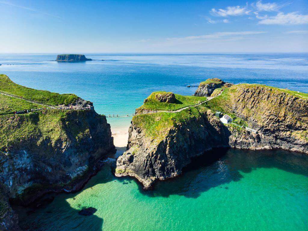 An aerial picture of the Carrick-a-Rede Rope Bridge in Northern Ireland