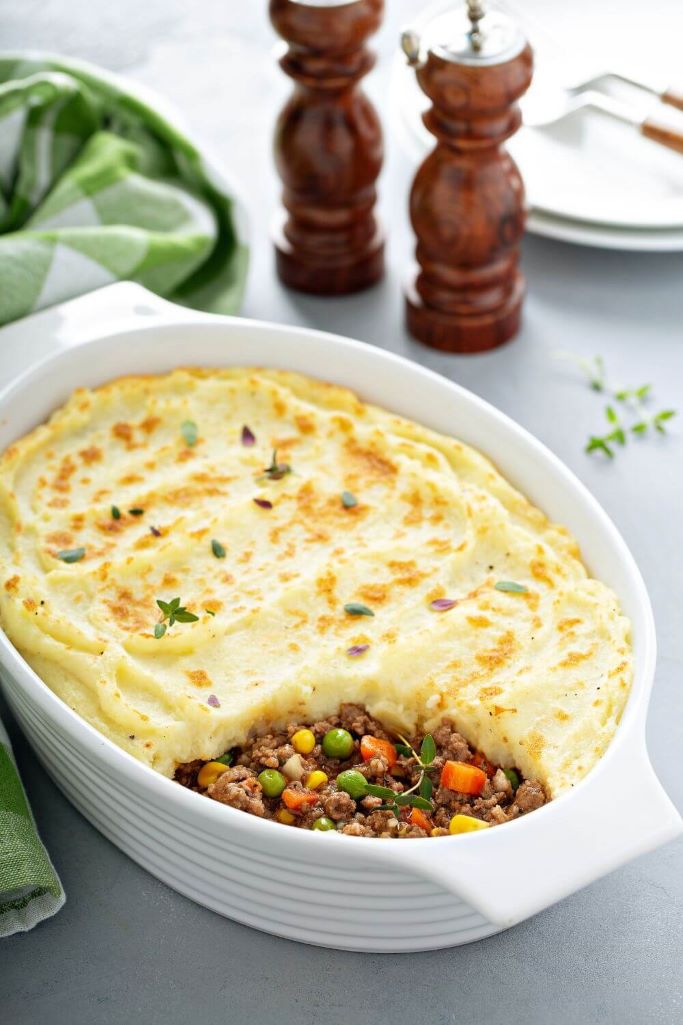 A picture of an oven dish featuring an Irish Shepherd's pie on a table