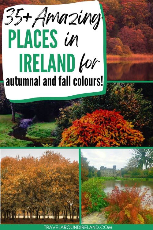 A grid of four autumnal pictures and text overlay saying 35+ amazing places in Ireland for autumnal and fall colours