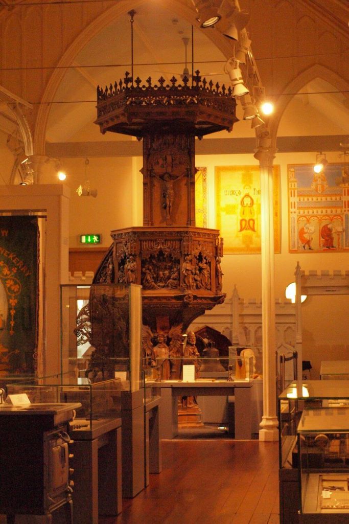 A picture of the carved pulpit now on display at the Carlow County Museum