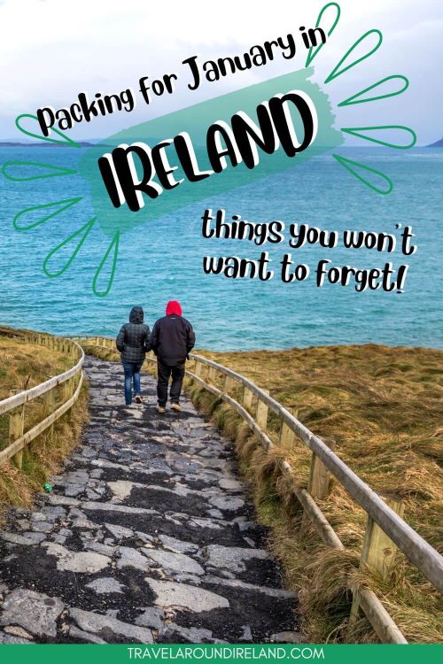 A picture of what people walking down steps towards the sea in Ireland and text overlay saying packing for January in Ireland
