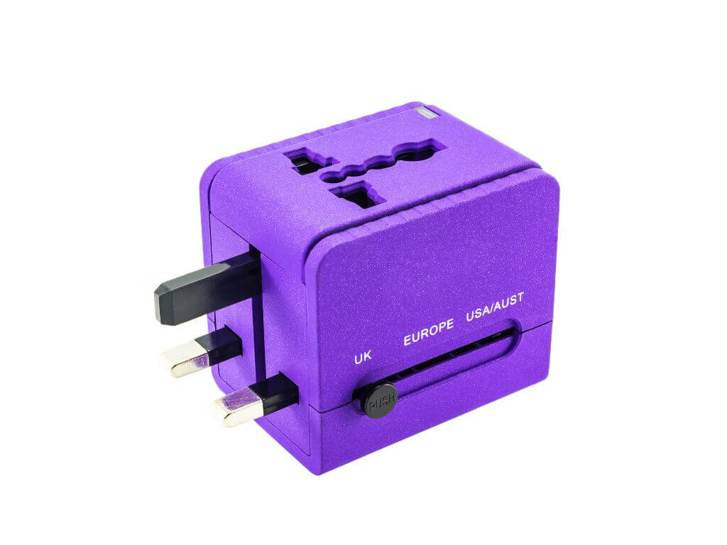 A picture of a blue universal travel adapter