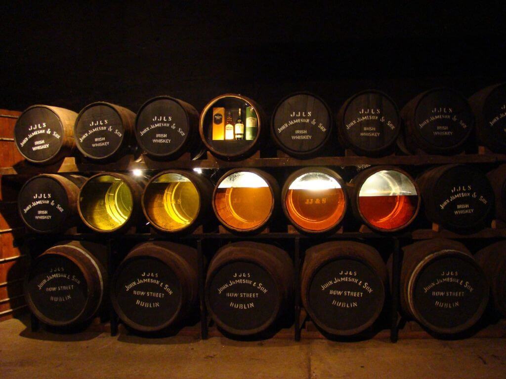 A picture of barrel casks at the Jameson Distillery where you can take a whiskey tour.