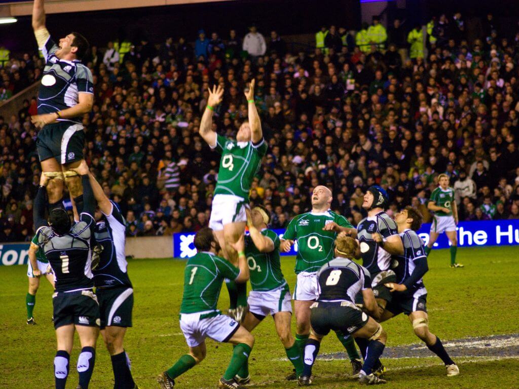 A picture of a Six Nations Rugby match between Ireland and Scotland.