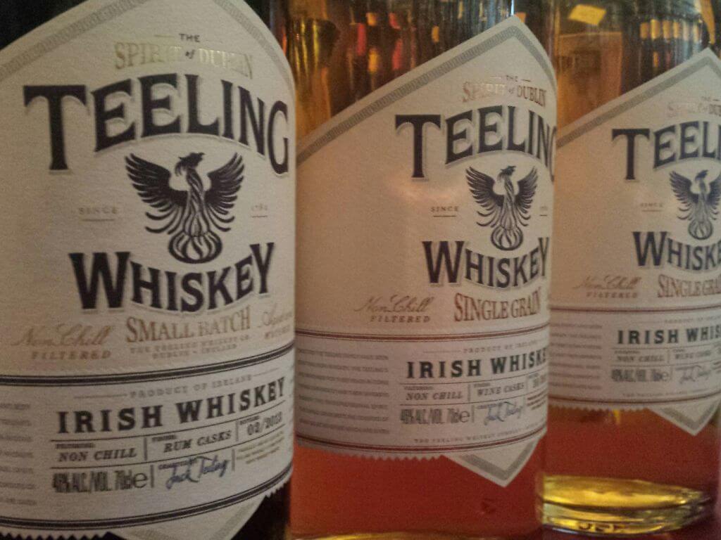A close up picture of the lables of Teeling Irish Whiskey
