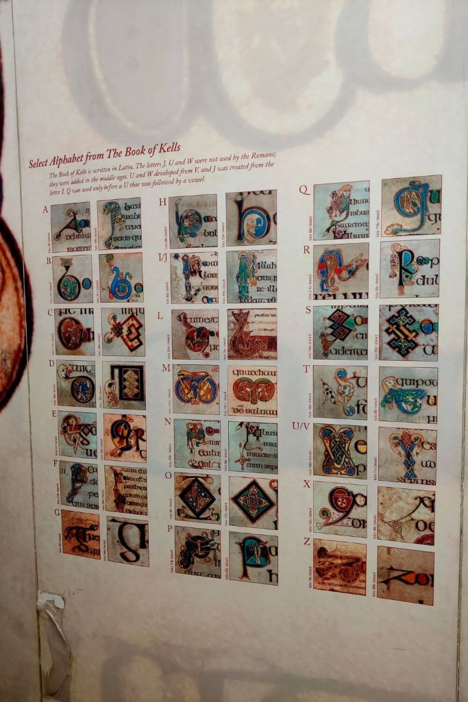 A picture of one of the display boards at the Book of Kells Exhibition explaining the alphabet symbols used within the book