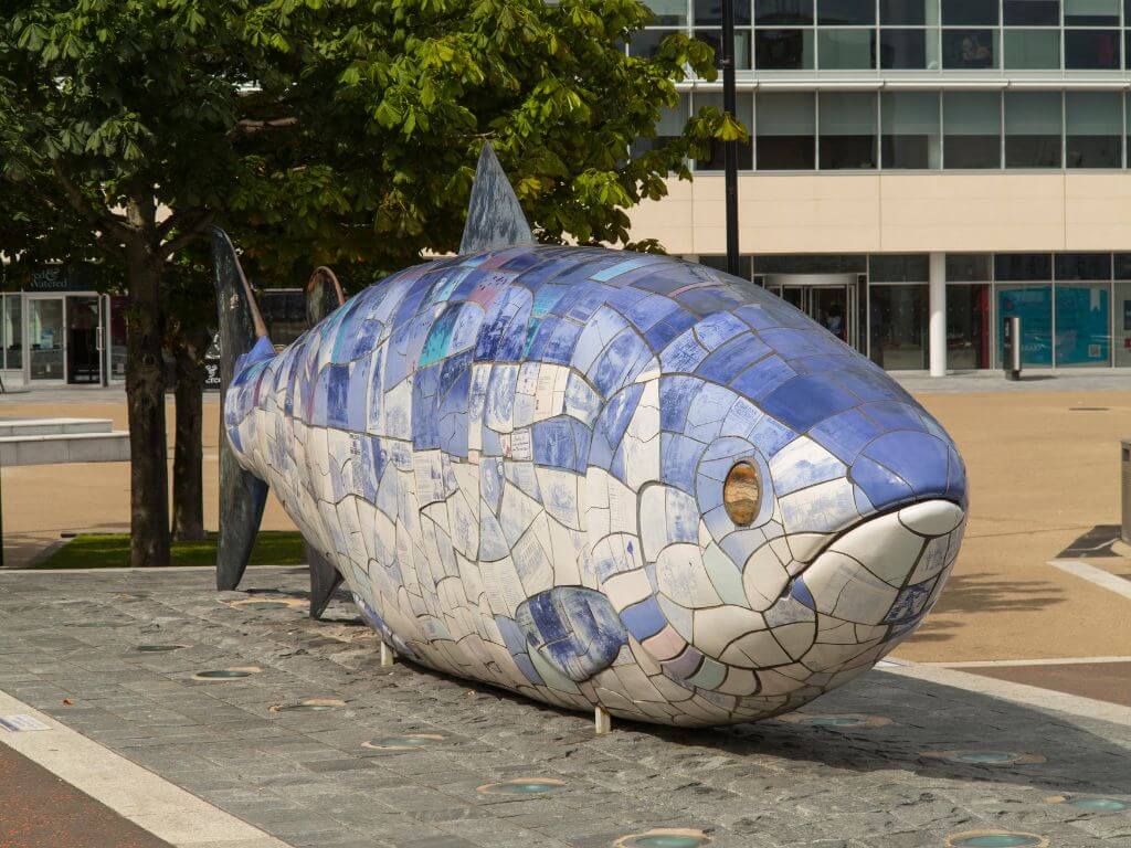 A picture of the Big Fish in Belfast, made with mosaic tiles