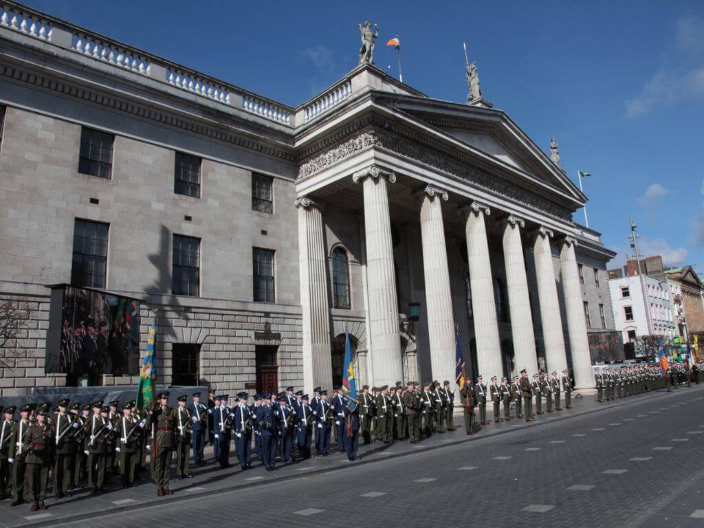 A picture of servicemen lined up outside the GPO for the 1916 Easter Rising Commemoration, Dublin 2010