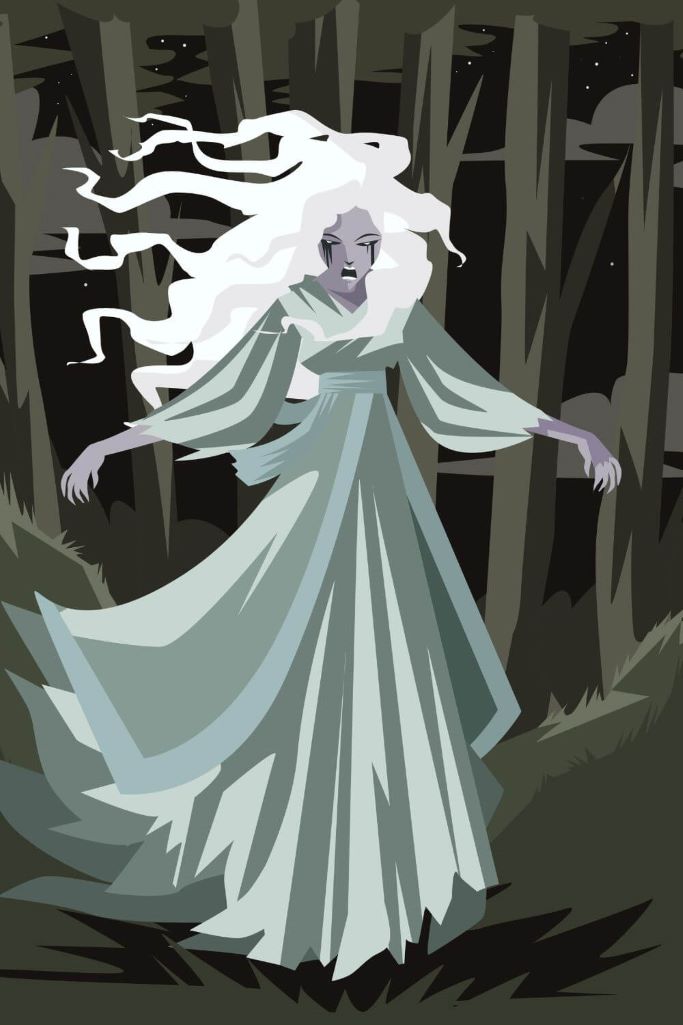 A graphic representation of a Banshee with long white hair in a long white and grey dress