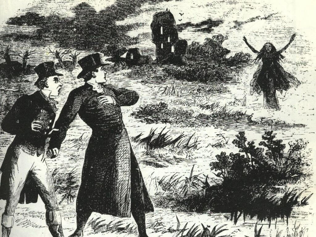 A black and white drawing depicting a banshee in black appearing to two well-dressed men from 1862