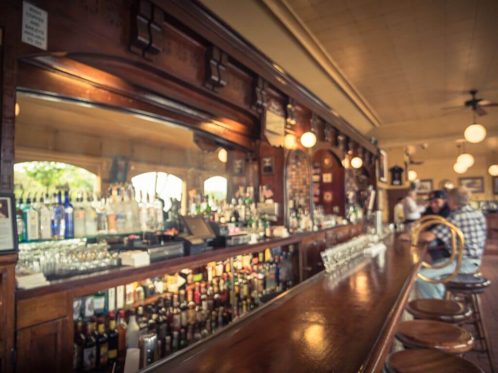 A picture of the bar inside an Irish pub with two men blurred sitting at the far end of the bar