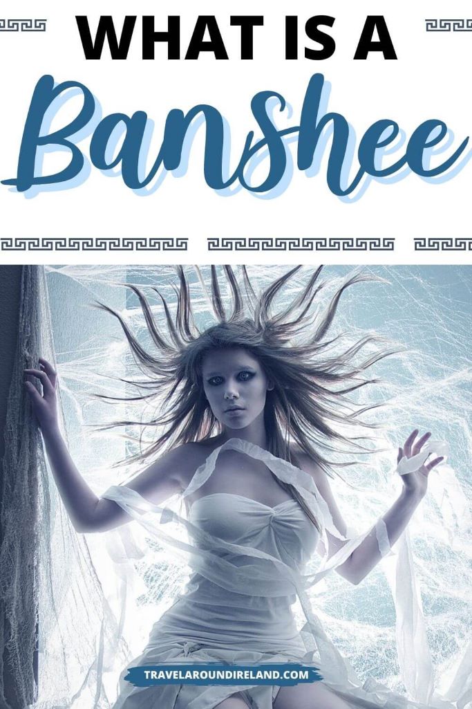 A picture of a young lady with silver hair in a white dress and text overlay saying what is a banshee?