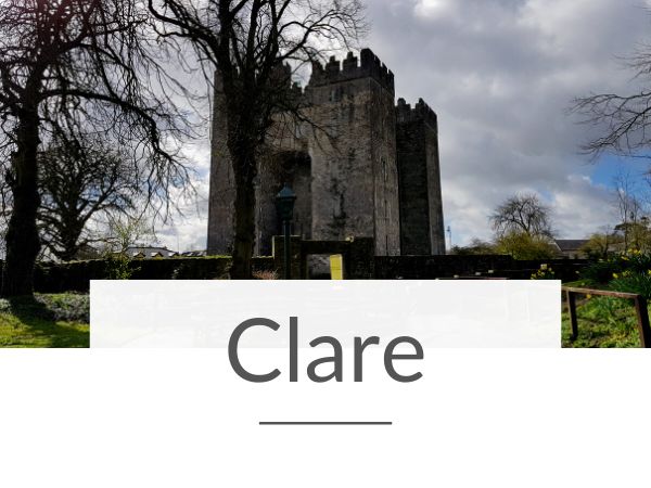 A picture of Bunratty Castle and text overlay underneath saying Clare