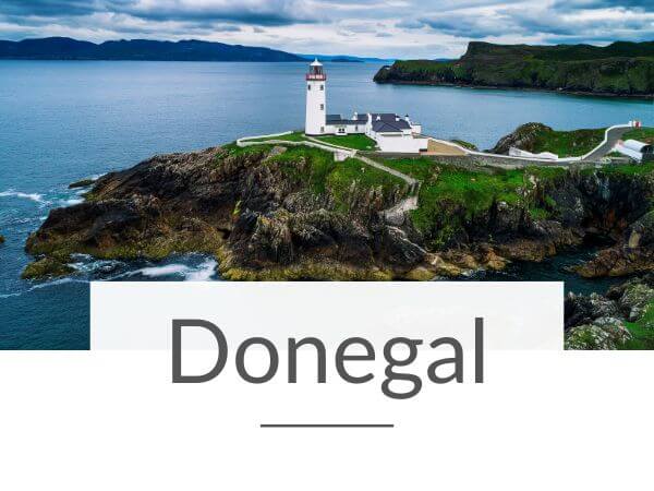 A picture of the Fanad Lighthouse in County Donegal with text overlay underneath saying Donegal