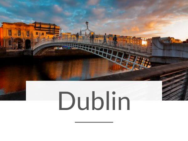 A picture of the Ha'Penny Bridge in Dublin at dusk with text overlay undeneath saying Dublin