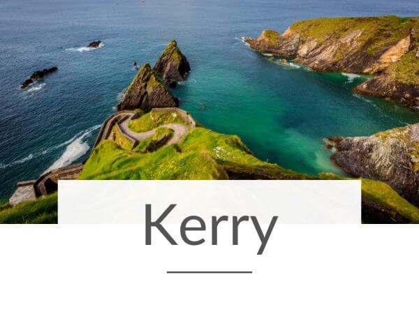 A picture of the Slea Head Drive in County Kerry and text overlay underneath saying Kerry