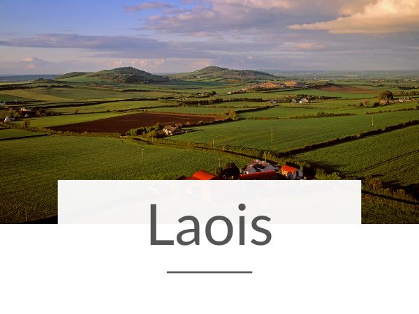 A picture of the rolling countryside of County Laois in Ireland and text overlay underneath saying Laois