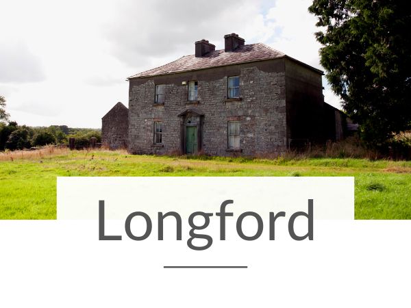 A picture of an abandoned farmhouse in County Longford and text overlay underneath saying Longford