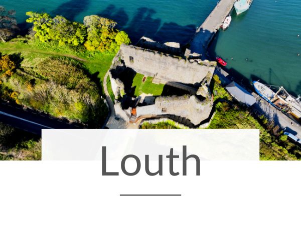An aerial picture of King John's Castle in Carlingford Lough in County Louth and text overlay undeneath saying Louth