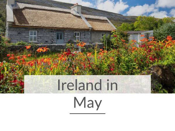 A picture of a cottage in the Burren in Ireland with wildflowers in front of the house and text overlay saying Ireland in May.
