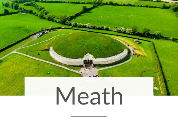 An aerial picture of Newgrange at the Bru na Boinne Valley and text overlay underneath saying Meath