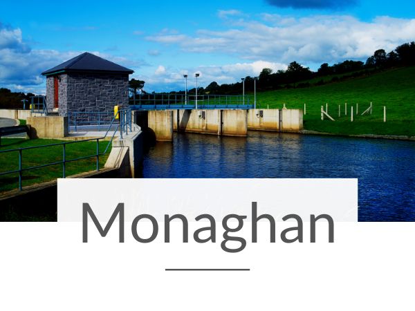 A picture of a lock on Lough Muckno in County Monaghan and text overlay underneath saying Monaghan