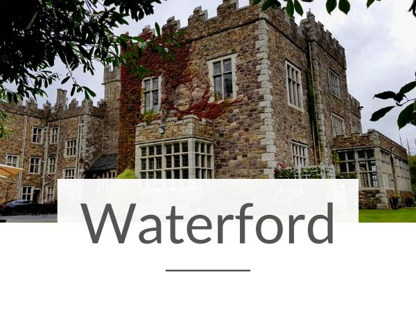 A picture of Waterford Castle and text overlay underneath saying Waterford