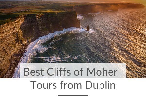 An overhead aerial picture of the Cliffs of Moher at sunset with text overlay saying best Cliffs of Moher tours from Dublin.
