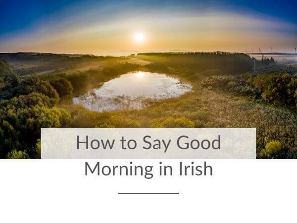 A picture of a sunrise over a small lake in Ireland with fields and woods around it and text overlay saying how to say good morning in Irish.