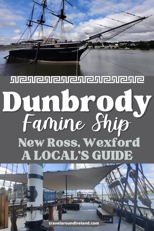 A grid of two pictures top and bottom of the Dunbrody Famine Ship. The whole ship on the water is on top and the bottom image is of the upper deck of the ship