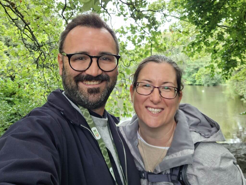 Cath Jordan with the owner of AB Tours, Alan Byrne in St Stephen's Green Park, Dublin