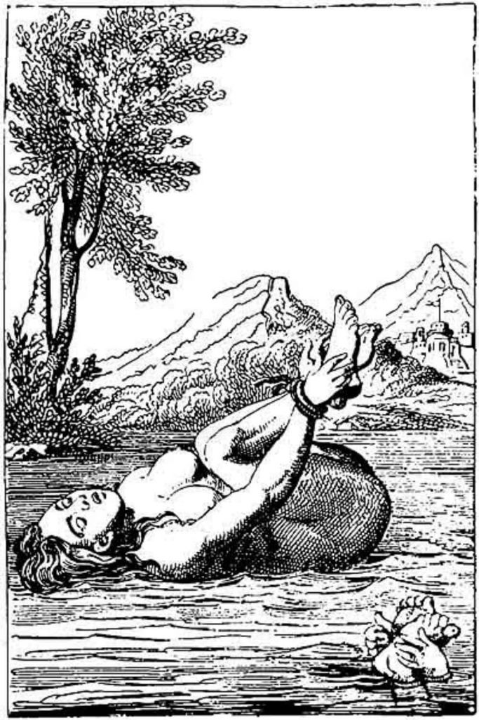 A sketch of a representation of the Medieval practise of ordeal of water, where the person in the picture has their feet and hands bound together and are floating on a body of water.