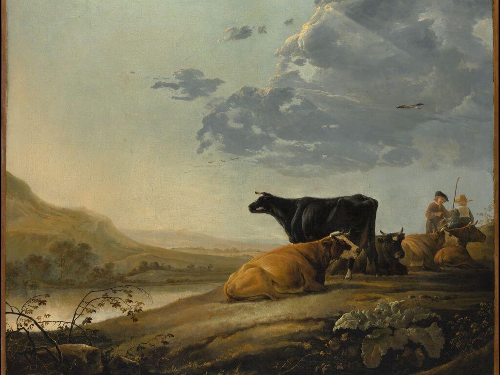 An old painting of some cows and their herdsmen on a hill overlooking a river.