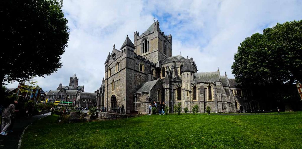 A panoramic picture of the exterior of Christ Church Cathedral in Dublin, Ireland.