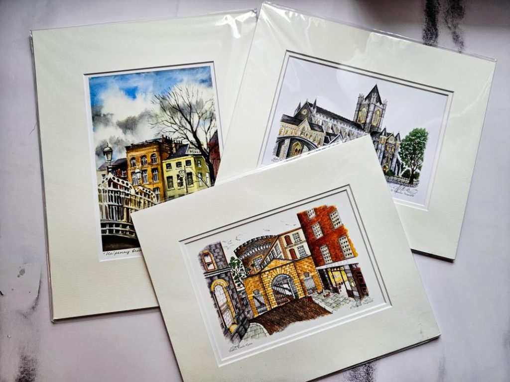 A picture of three Handmade prints from Ireland depicting scenes from Dublin. These make ideal souvenirs from Ireland.