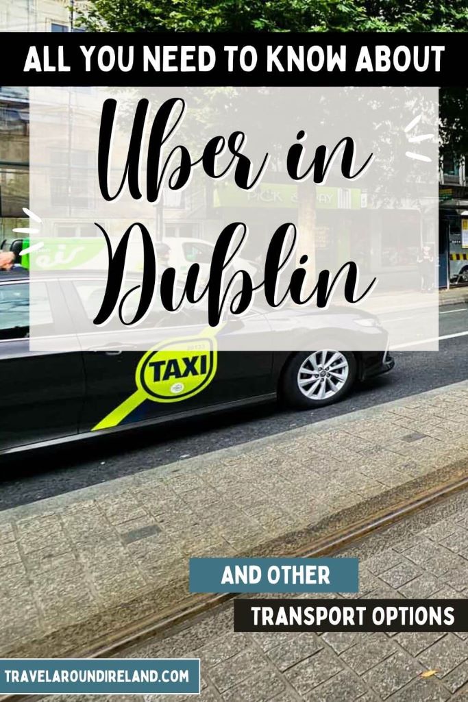 A picture of a taxi parked at the side of the road in Dublin and text overlay saying all you need to know about Uber in Dublin.