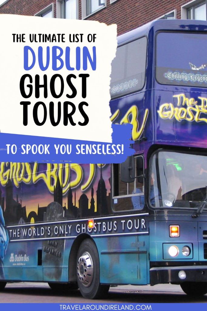 A picture of a purple double-decker bus with writing on it saying the Dublin Ghostbus Tour and text overlay saying Dublin Ghost Tours.