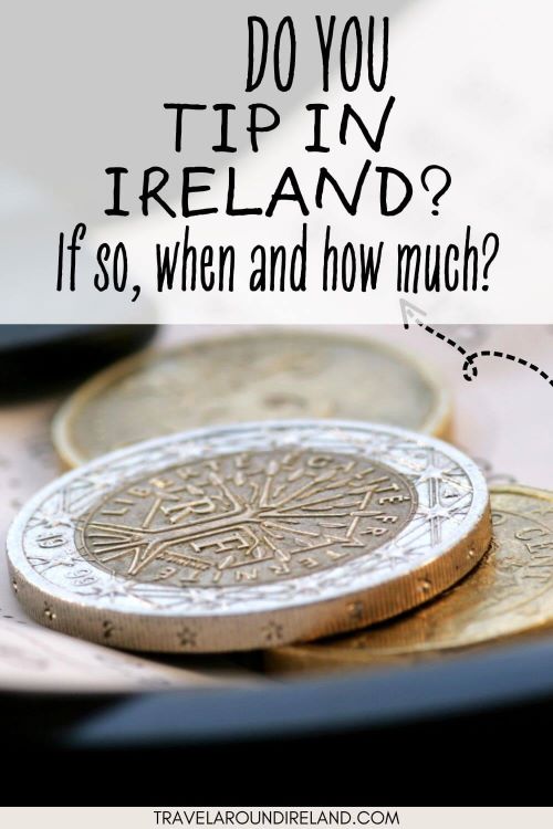A close-up picture of a two euro coin sitting on another euro coin and text overlay saying do you tip in Ireland?.