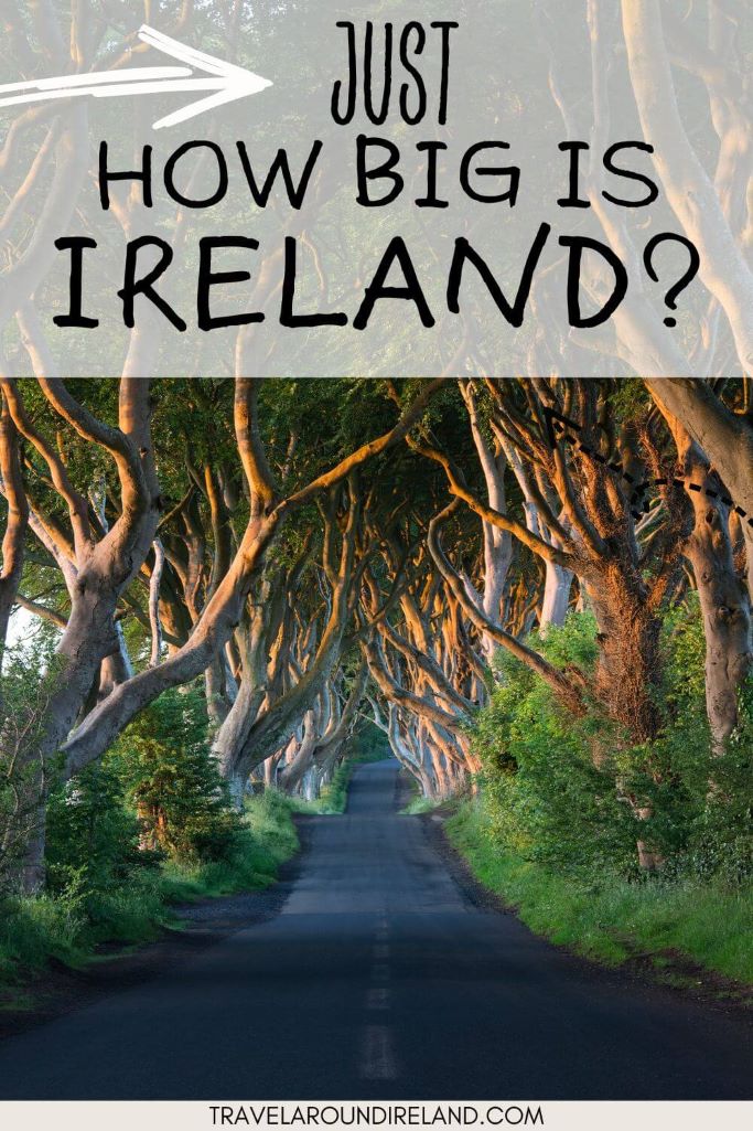 A picture of the famous Dark Hedges in Northern Ireland with text overlay at the top saying just how big is Ireland?
