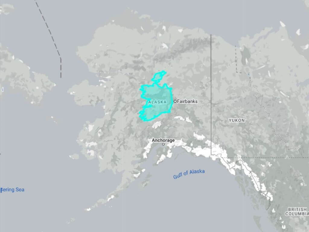 A map showing the size comparison of Ireland and the state of Alaska.