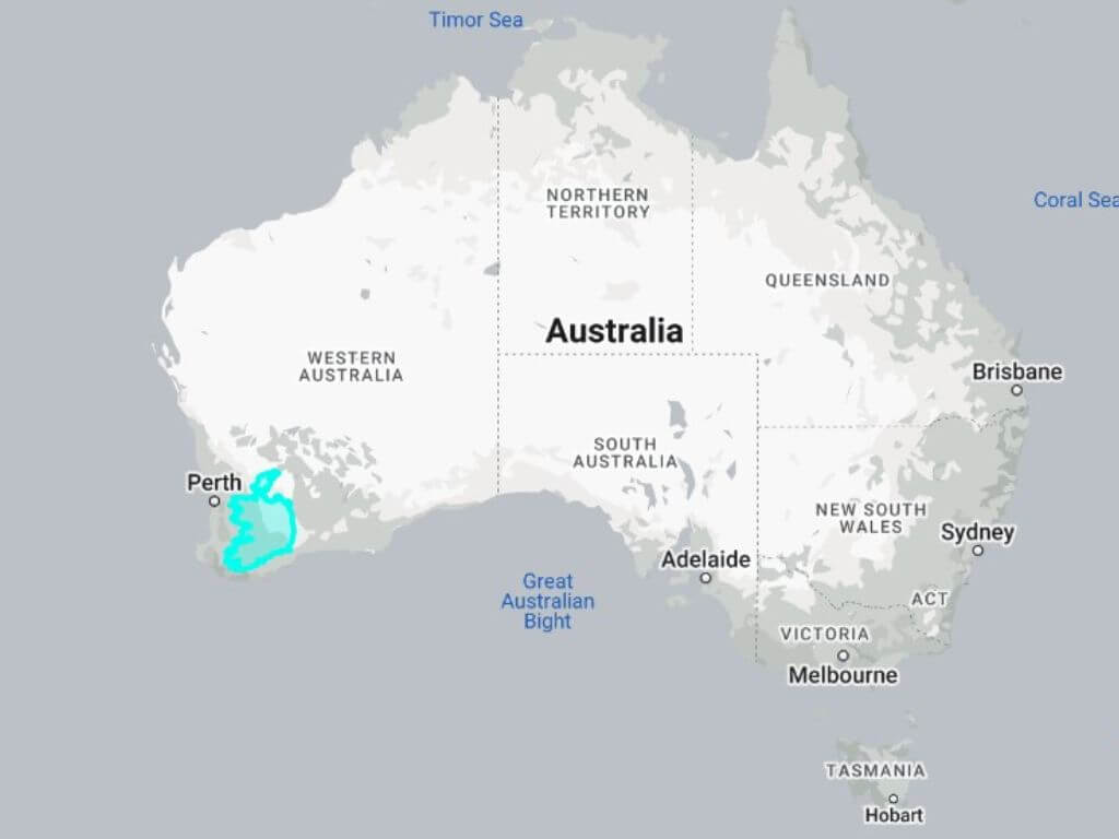 A map showing the size comparison of Ireland and Australia, with Ireland located in the south east corner near Perth on the map. Ireland is tiny in comparison.