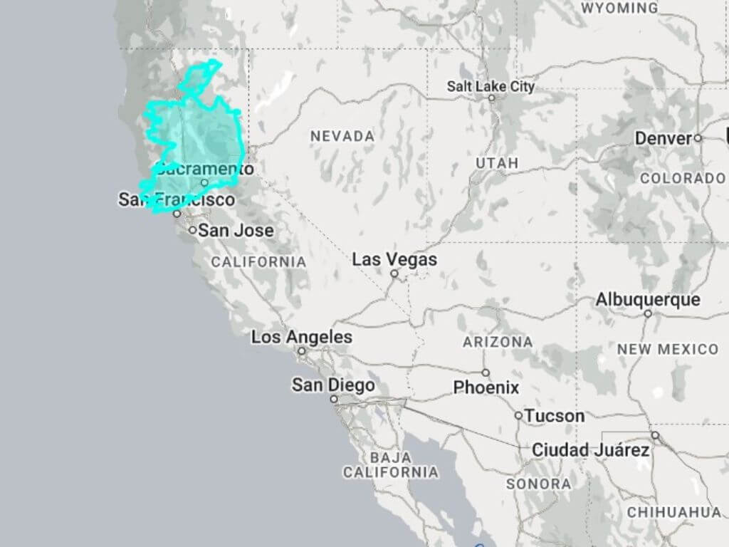 A map showing how Ireland compares to the state of California in terms of size. Ireland is sitting in the northern one fifth of the state of California.