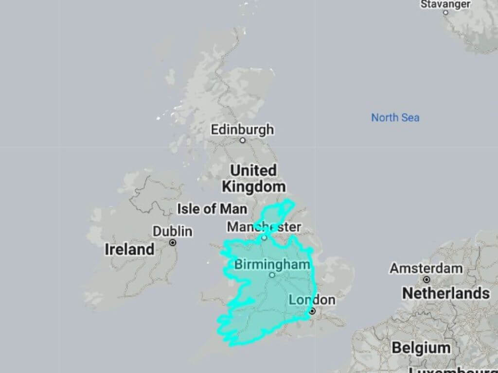 A map showing the size comparison of the country of Ireland to Great Britain (which includes England, Scotland and Wales). Ireland sits in a large part of England and part of Wales on this map.