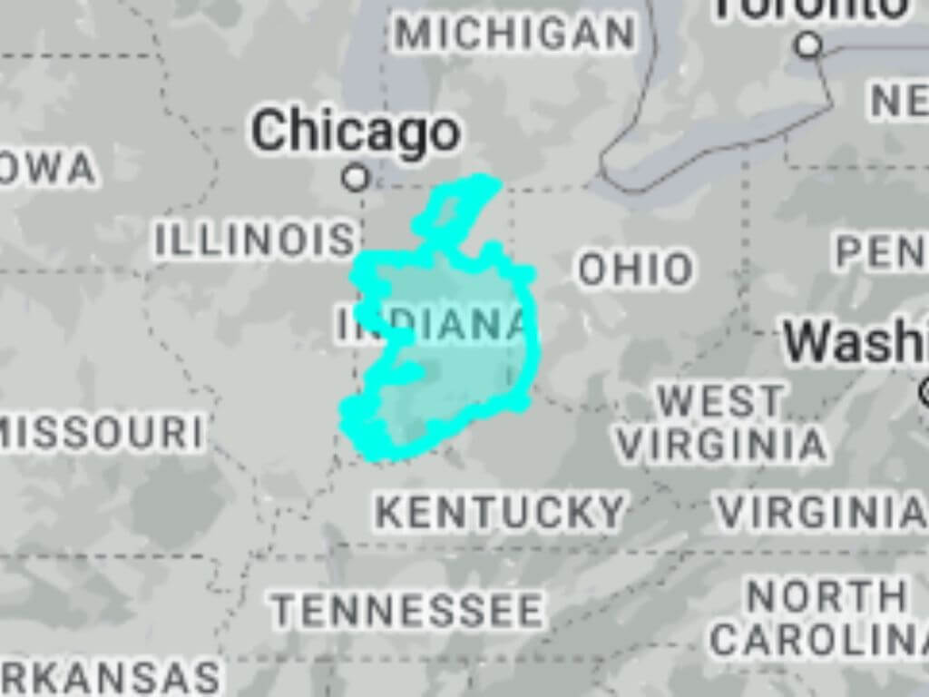 A map which shows that Ireland is similar in size to the state of Indiana in the US.