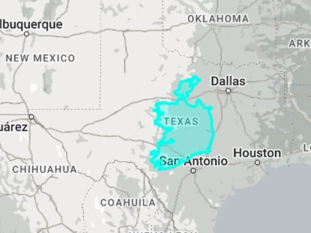 A map which shows how Ireland's size compares to the state of Texas. Texas is bigger than Ireland.